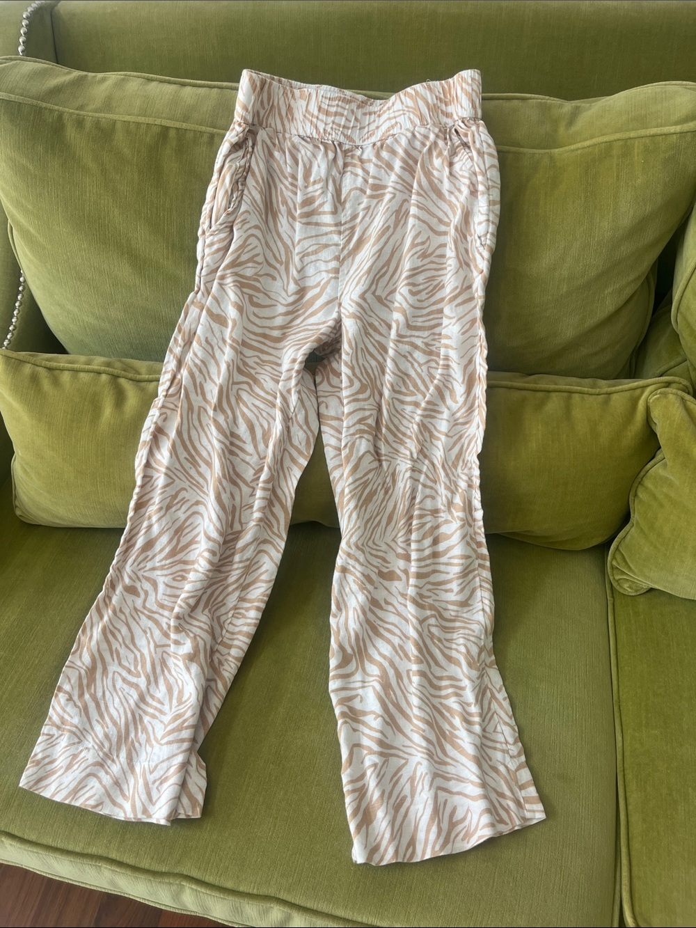 Nicole Miller Beige & White Zebra-Print Wide Leg Pants